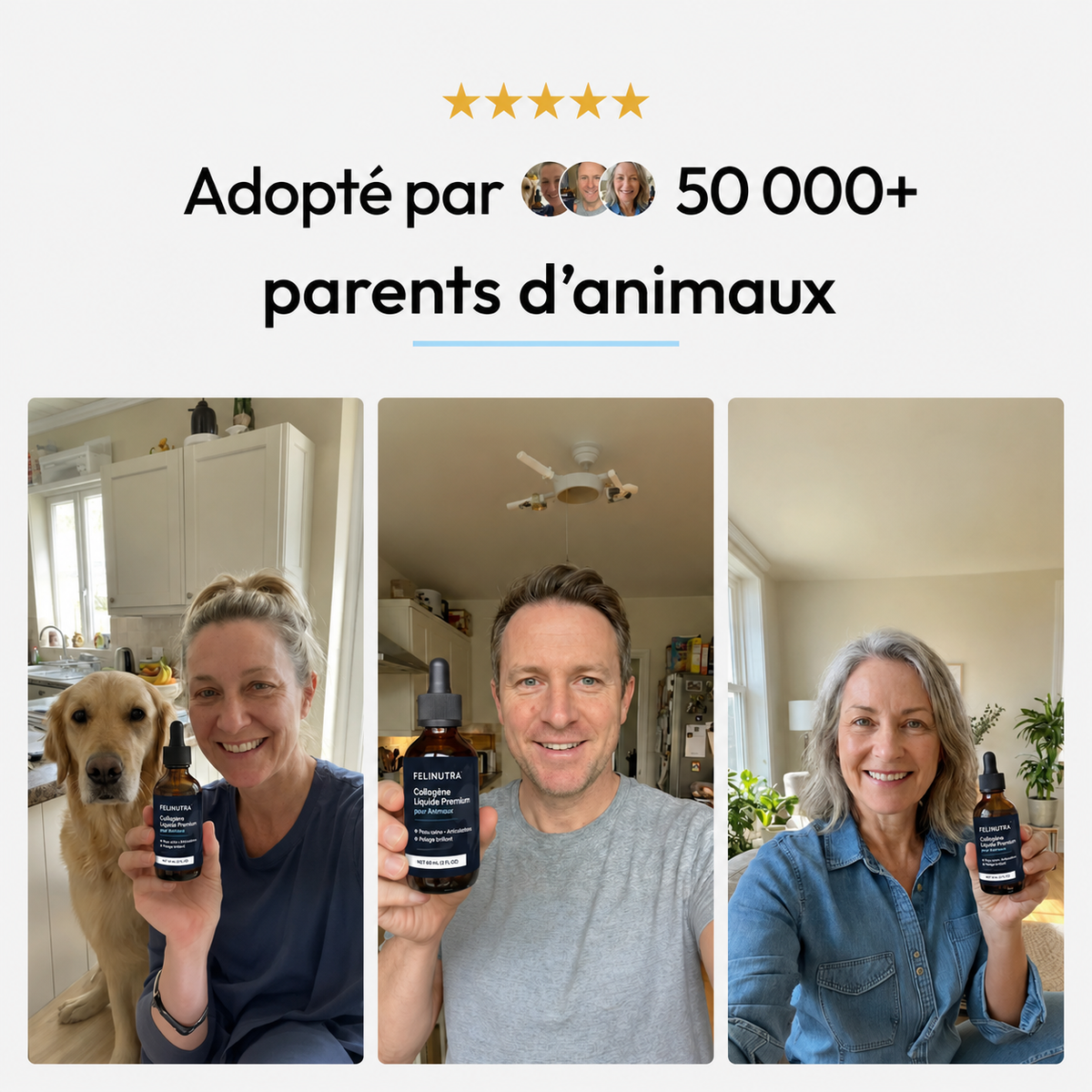 Trois propriétaires de chien tenant leur flacon de collagène liquide Felinutra, adopté par plus de 50 000 foyers