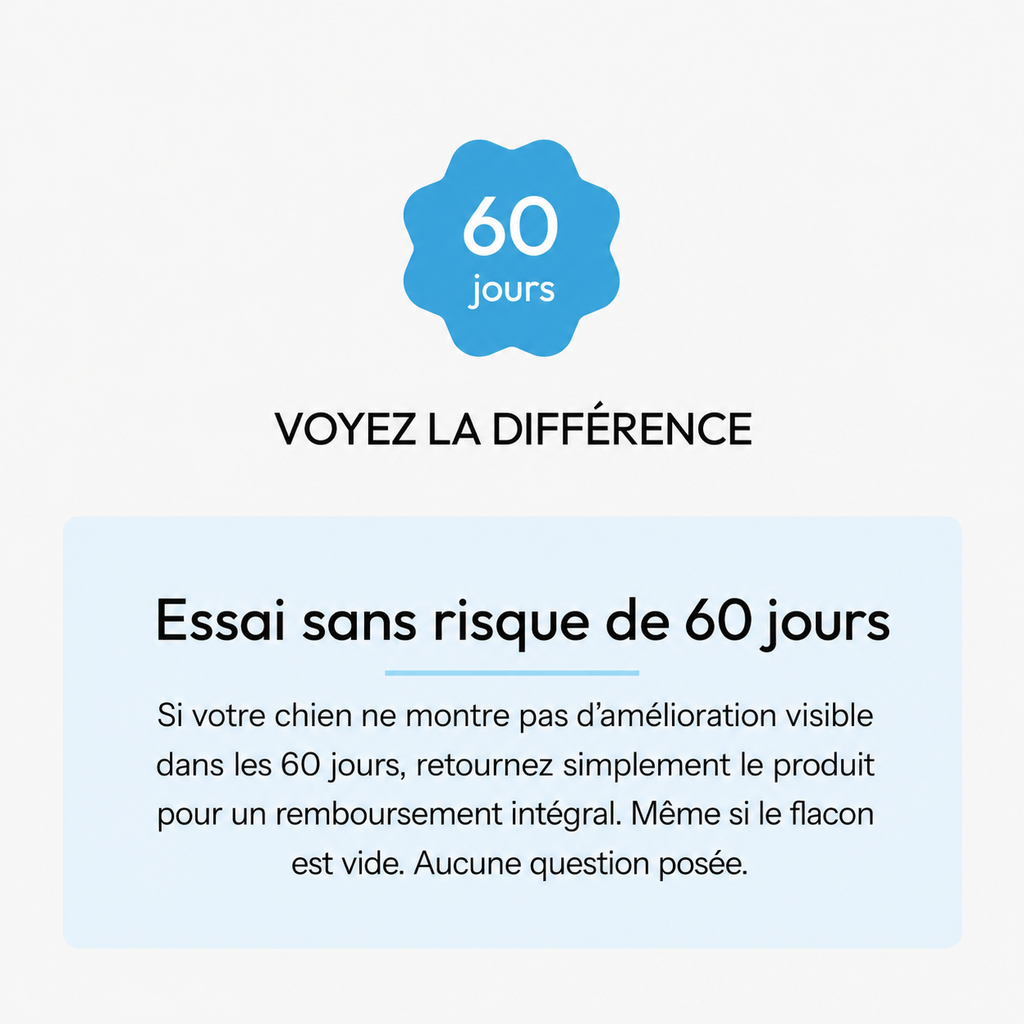 Essai sans risque de 60 jours : remboursement intégral même flacon entamé, sans question posée