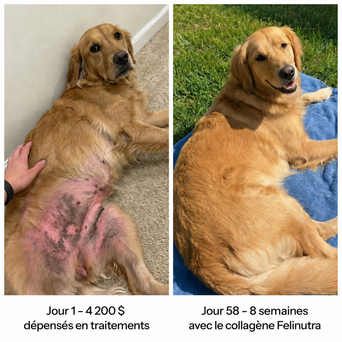 Ventre d'un golden retriever rouge et irrité au jour 1, peau apaisée au jour 58 après 8 semaines de collagène liquide