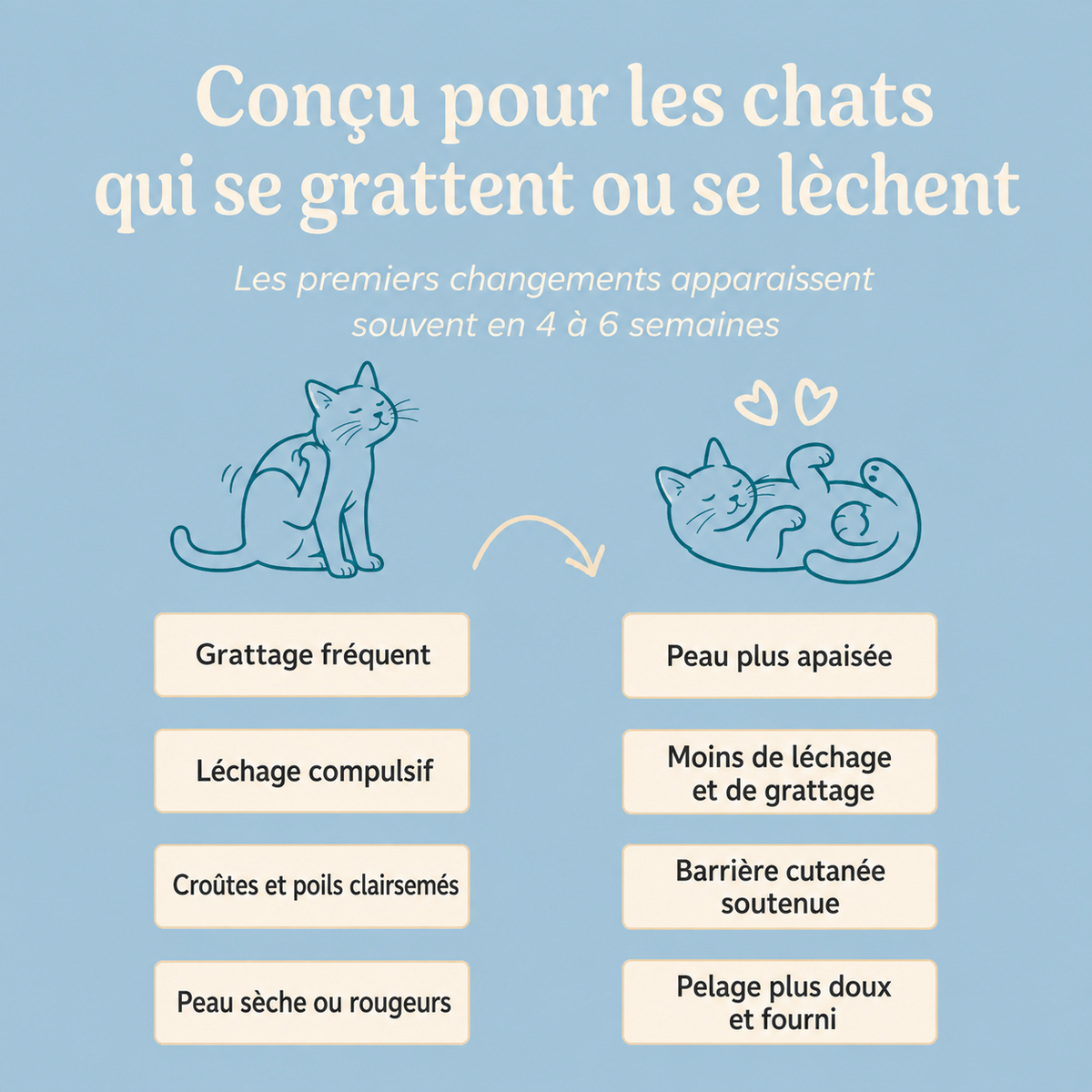 Conçu pour les chats qui se grattent ou se lèchent : grattage, léchage, croûtes et peau sèche apaisés en 4 à 6 semaines