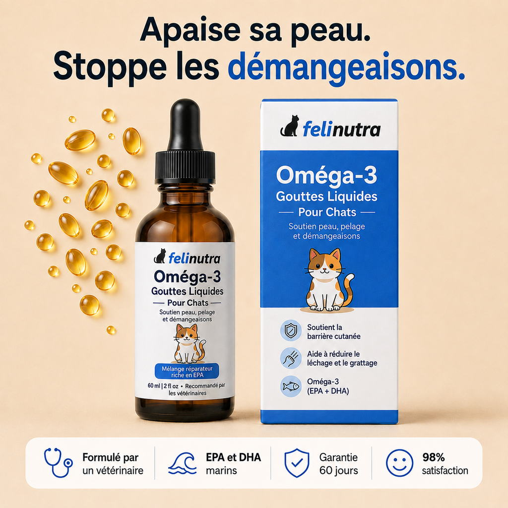 Gouttes d'Oméga-3 Felinutra pour chat, flacon 60 ml et étui — apaise la peau et stoppe les démangeaisons