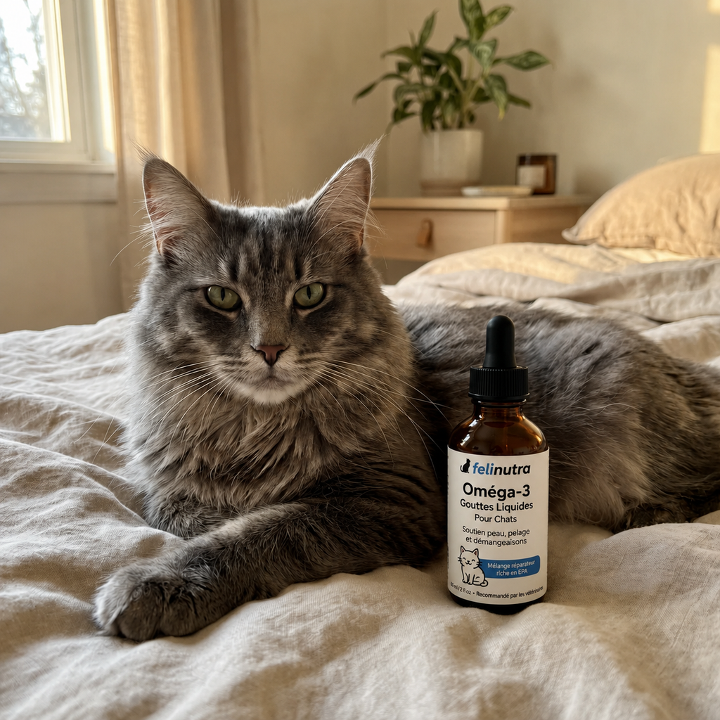 Chat gris à poil long allongé sur un lit à côté du flacon de gouttes d'Oméga-3 Felinutra