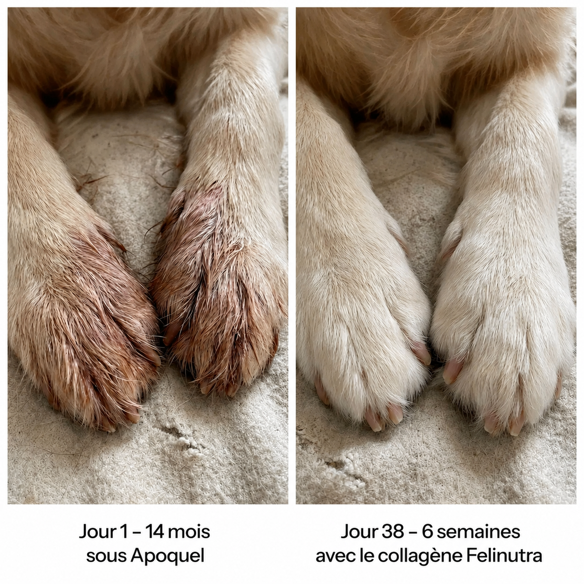 Pattes avant d'un chien tachées de brun au jour 1 sous Apoquel, redevenues blanches au jour 38 avec le collagène Felinutra